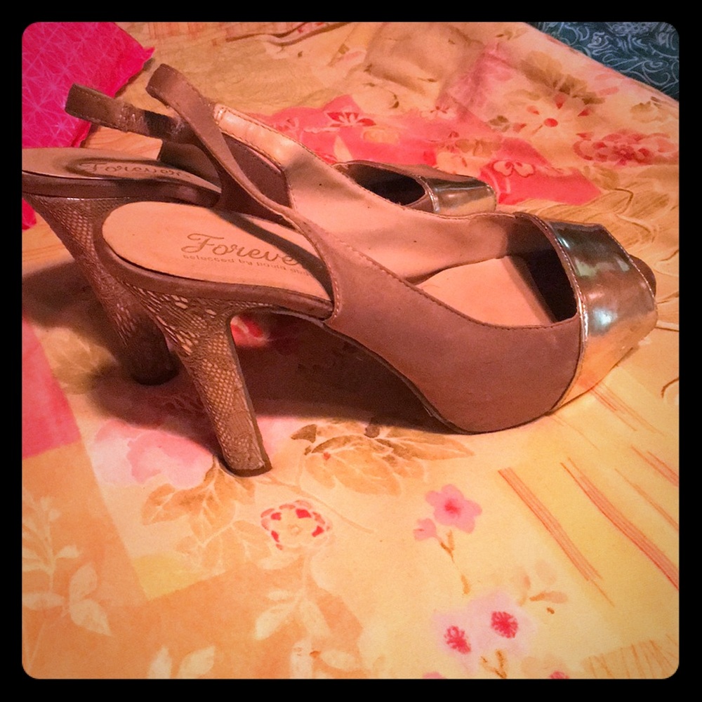 Gold open-toe slingback pumps